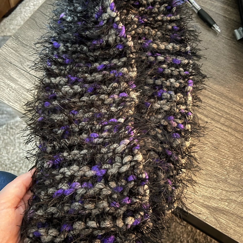 Hand Knit Grey/Purple/Black scarf.